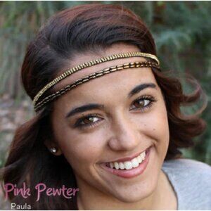 Pink Pewter Paula Double Stretch Bead & Rhinestone Headband Accessory Gold